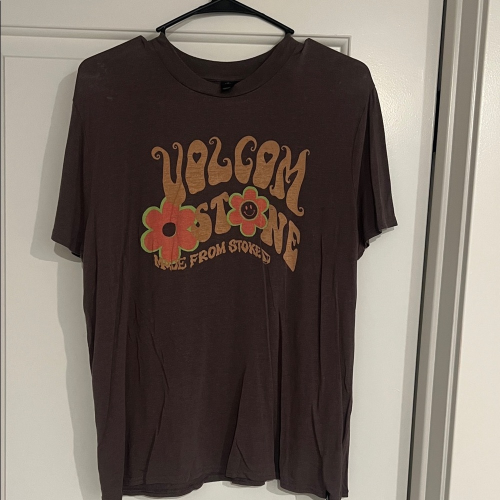 Volcom Dark Brown Tee with Retro Floral Design